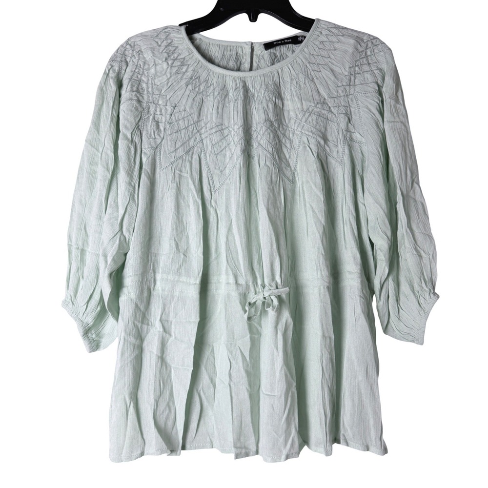 Doe & Rae Blouse Women Medium Mint Green Embroidered Peplum Boho 3/4 Sleeve